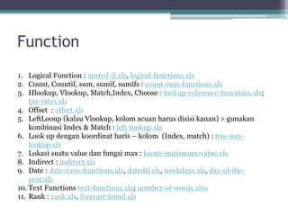Function
1. Logical Function : nested-if.xls, logical-functions.xls
2. Count, Countif, sum, sumif, sumifs : count-sum-functions.xls
3. Hlookup, Vlookup, Match,Index, Choose : lookup-reference-functions.xls;
tax-rates.xls
4. Offset : offset.xls
5. LeftLooup (kalau Vlookup, kolom acuan harus disisi kanan) > gunakan
kombinasi Index & Match : left-lookup.xls
6. Look up dengan koordinat baris – kolom (Index, match) : two-way-
lookup.xls
7. Lokasi suatu value dan fungsi max : locate-maximum-value.xls
8. Indirect : indirect.xls
9. Date : date-time-functions.xls, datedif.xls, weekdays.xls, day-of-the-
year.xls
10. Text Functions text-functions.xls; number-of-words.xlsx
11. Rank : rank.xls, forecast-trend.xls
 
