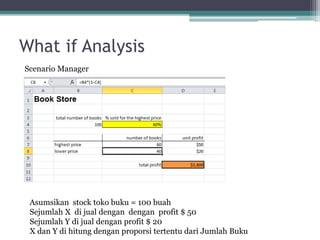 What if Analysis
Scenario Manager
Asumsikan stock toko buku = 100 buah
Sejumlah X di jual dengan dengan profit $ 50
Sejumlah Y di jual dengan profit $ 20
X dan Y di hitung dengan proporsi tertentu dari Jumlah Buku
 