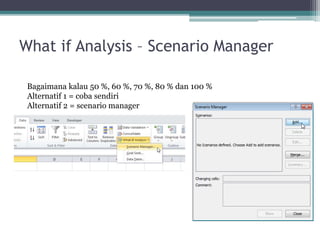 What if Analysis – Scenario Manager
Bagaimana kalau 50 %, 60 %, 70 %, 80 % dan 100 %
Alternatif 1 = coba sendiri
Alternatif 2 = scenario manager
 