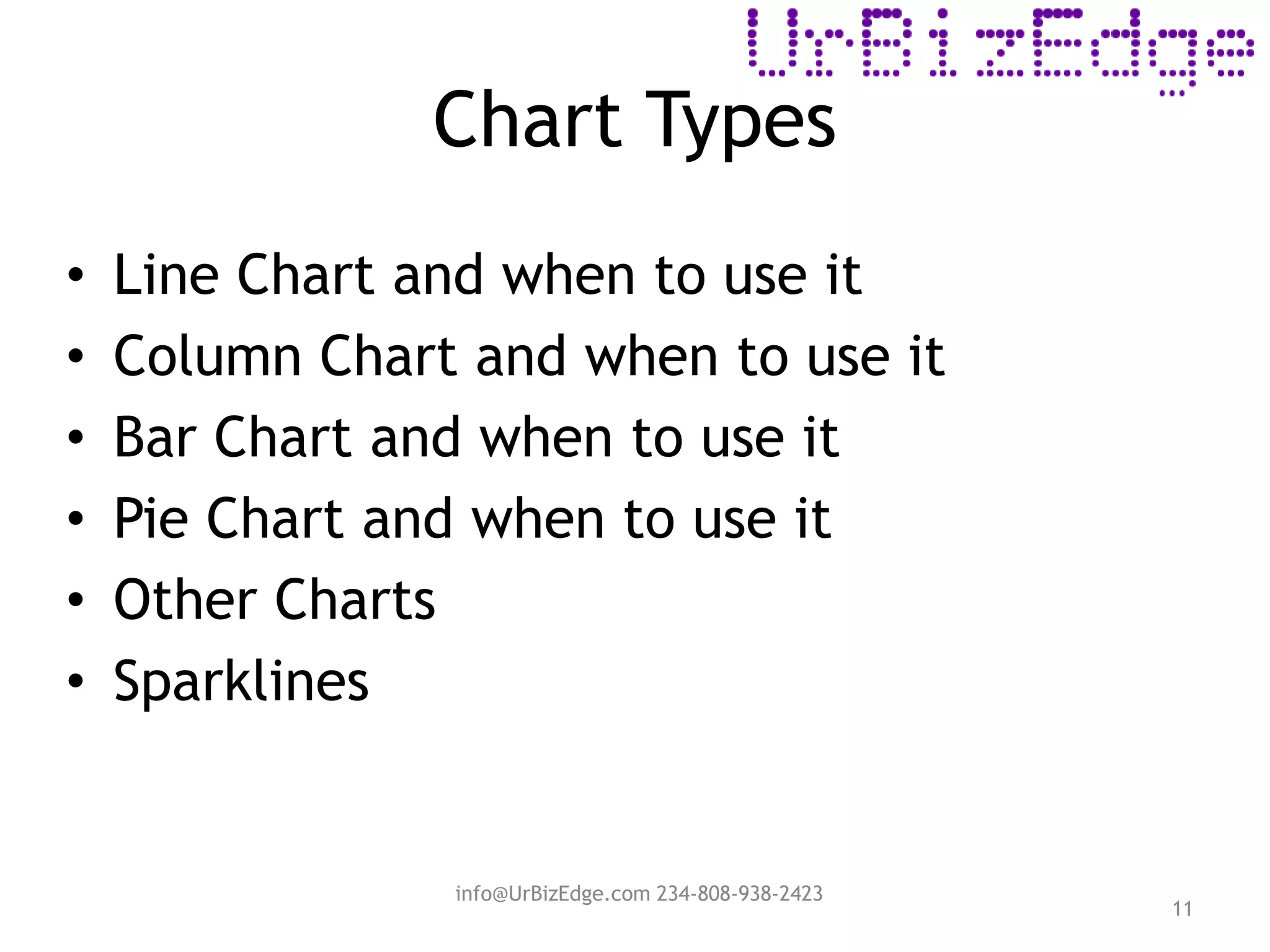 Chart Types
11
• Line Chart and when to use it
• Column Chart and when to use it
• Bar Chart and when to use it
• Pie Chart and when to use it
• Other Charts
• Sparklines
info@UrBizEdge.com 234-808-938-2423
 