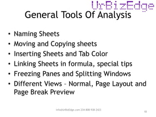 General Tools Of Analysis
18
• Naming Sheets
• Moving and Copying sheets
• Inserting Sheets and Tab Color
• Linking Sheets in formula, special tips
• Freezing Panes and Splitting Windows
• Different Views – Normal, Page Layout and
Page Break Preview
info@UrBizEdge.com 234-808-938-2423
 