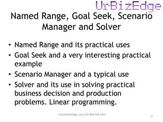 Named Range, Goal Seek, Scenario
Manager and Solver
21
• Named Range and its practical uses
• Goal Seek and a very interesting practical
example
• Scenario Manager and a typical use
• Solver and its use in solving practical
business decision and production
problems. Linear programming.
info@UrBizEdge.com 234-808-938-2423
 