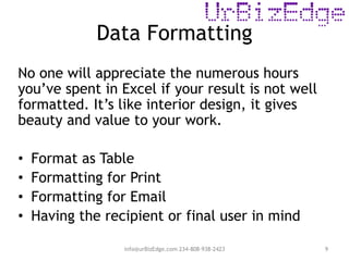 Data Formatting
info@urBizEdge.com 234-808-938-2423 9
No one will appreciate the numerous hours
you’ve spent in Excel if your result is not well
formatted. It’s like interior design, it gives
beauty and value to your work.
• Format as Table
• Formatting for Print
• Formatting for Email
• Having the recipient or final user in mind
 