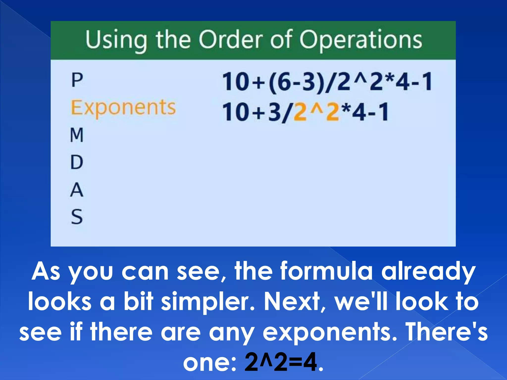 As you can see, the formula already
looks a bit simpler. Next, we'll look to
see if there are any exponents. There's
one: 2^2=4.
 