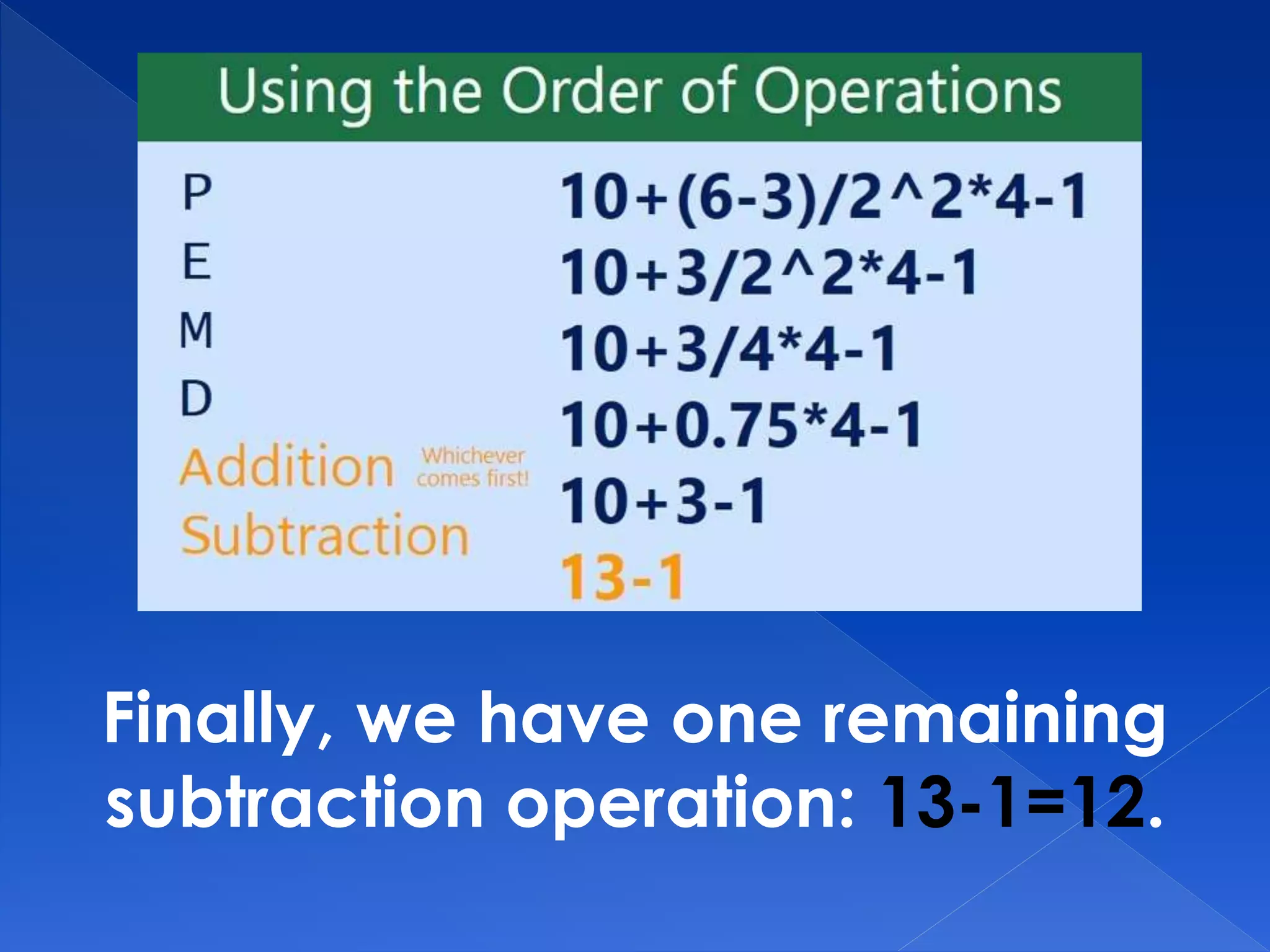 Finally, we have one remaining
subtraction operation: 13-1=12.
 