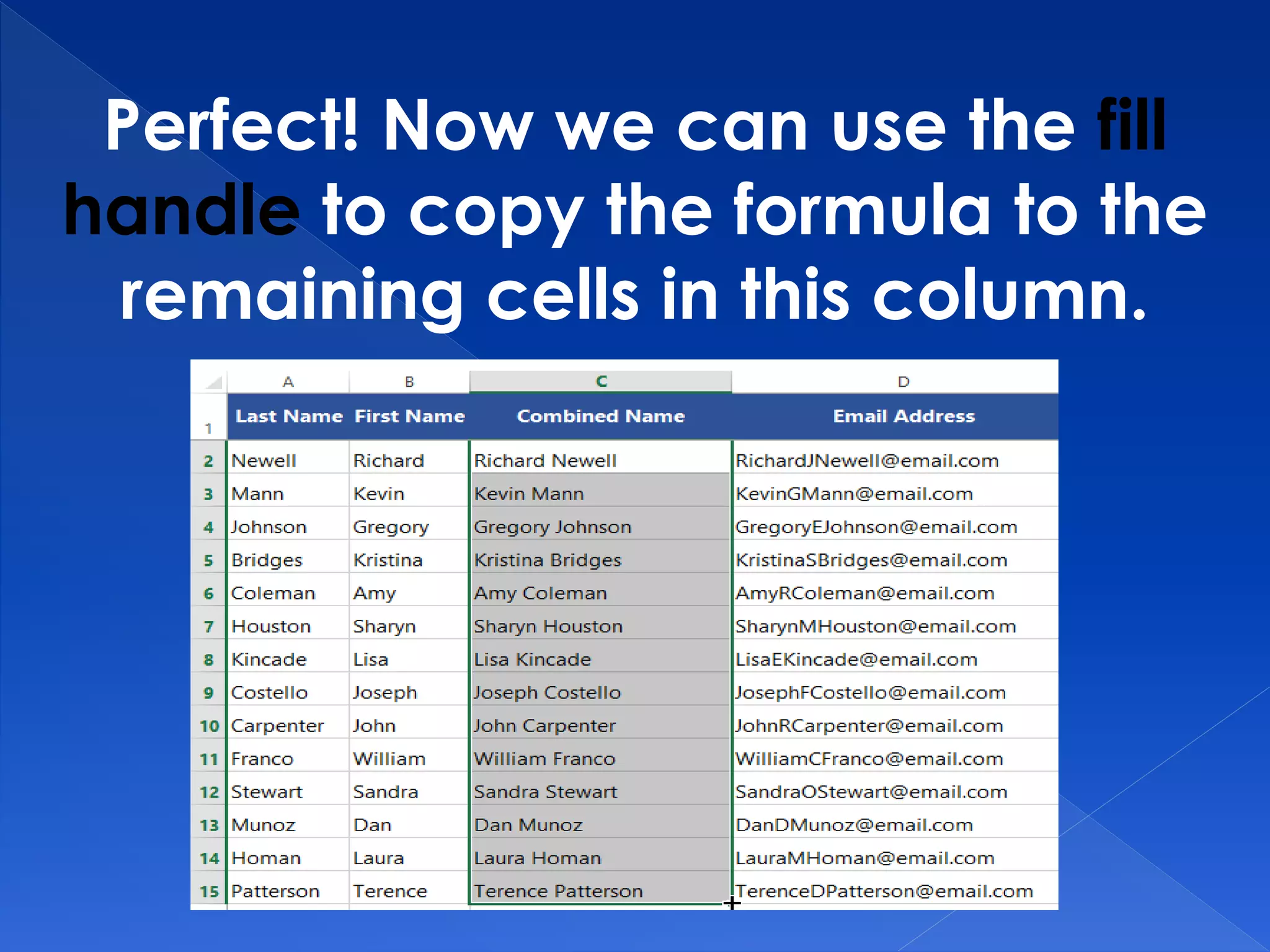 Perfect! Now we can use the fill
handle to copy the formula to the
remaining cells in this column.
 