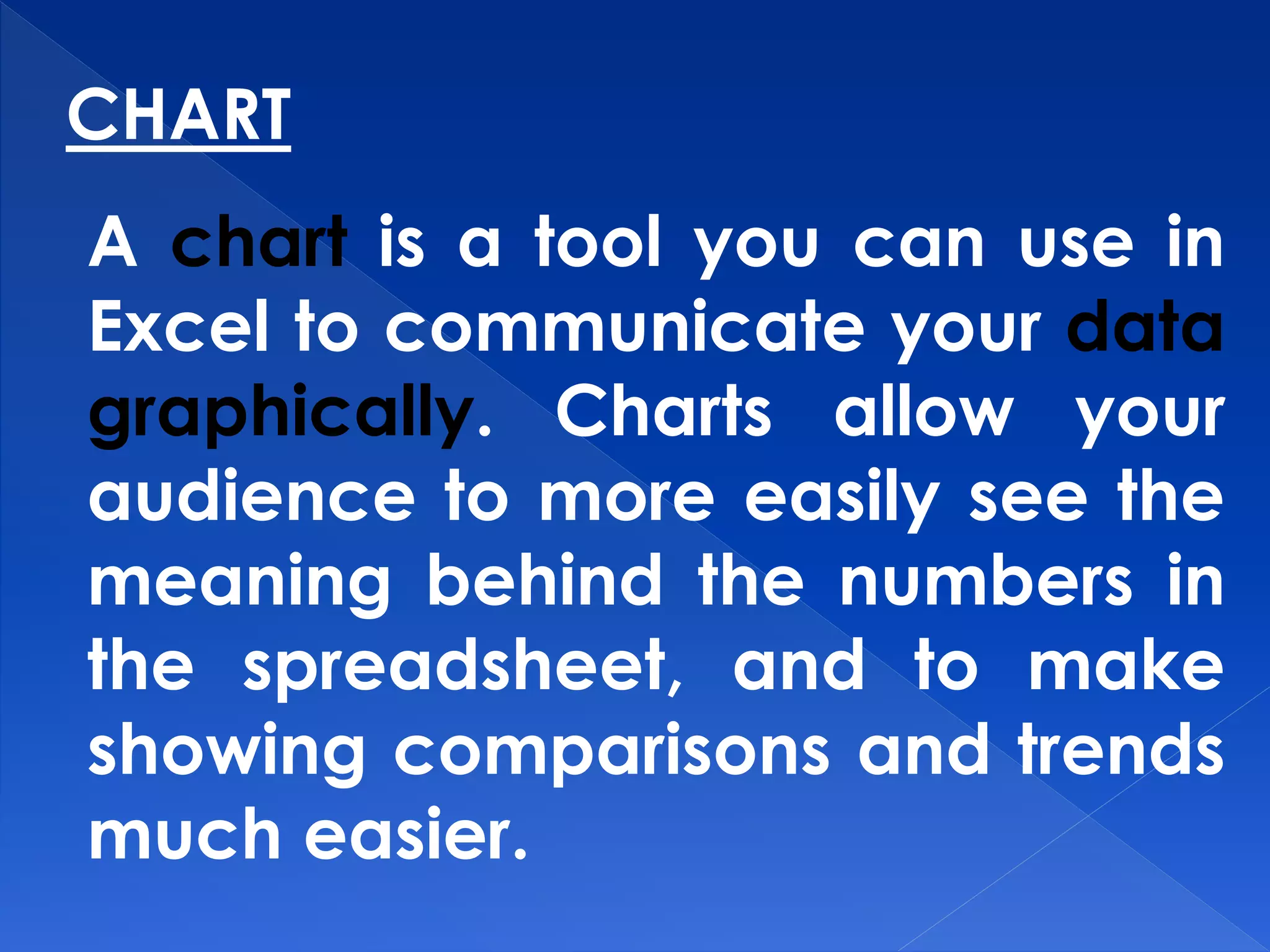 CHART
A chart is a tool you can use in
Excel to communicate your data
graphically. Charts allow your
audience to more easily see the
meaning behind the numbers in
the spreadsheet, and to make
showing comparisons and trends
much easier.
 