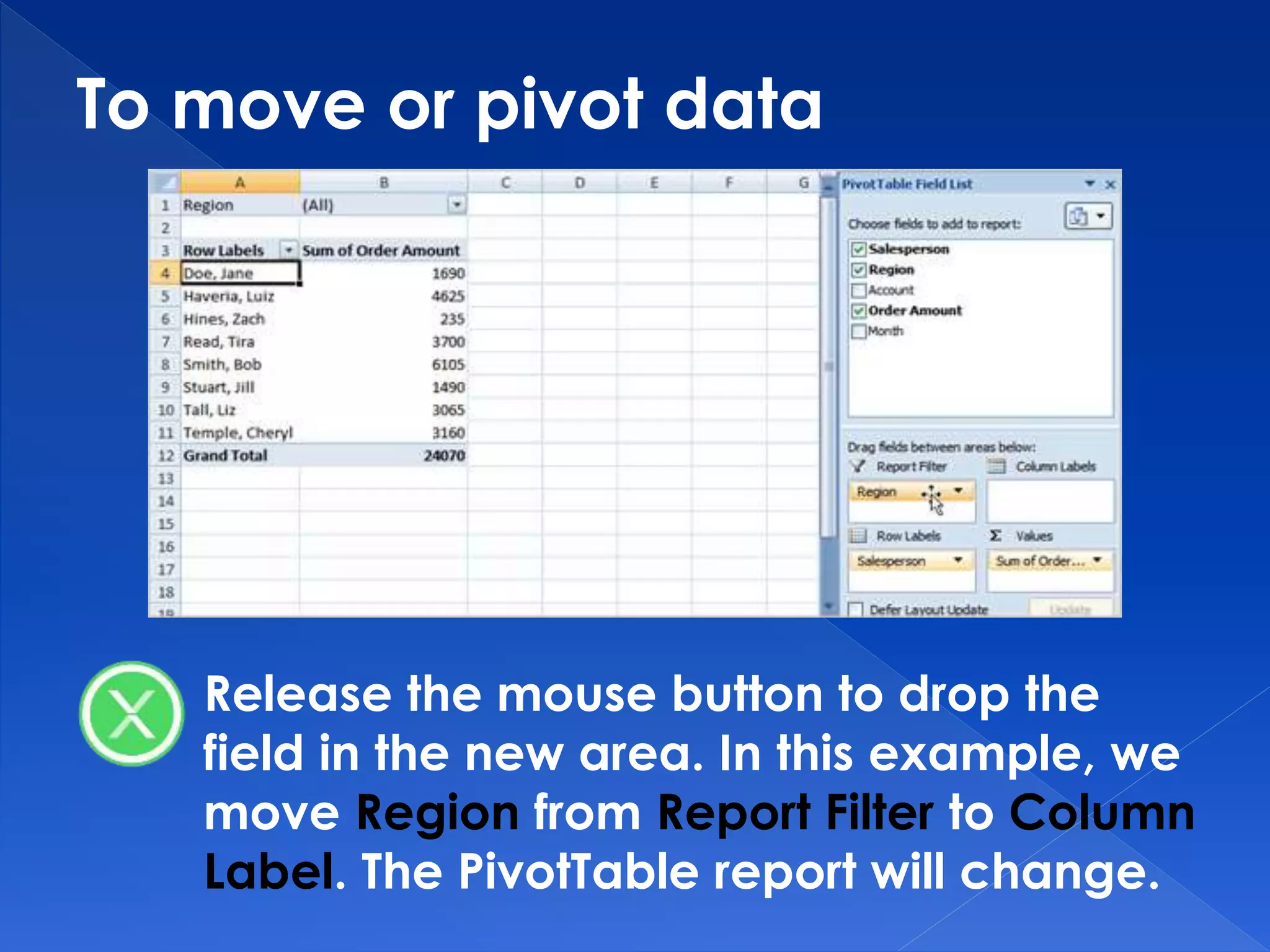 To move or pivot data
Release the mouse button to drop the
field in the new area. In this example, we
move Region from Report Filter to Column
Label. The PivotTable report will change.
 