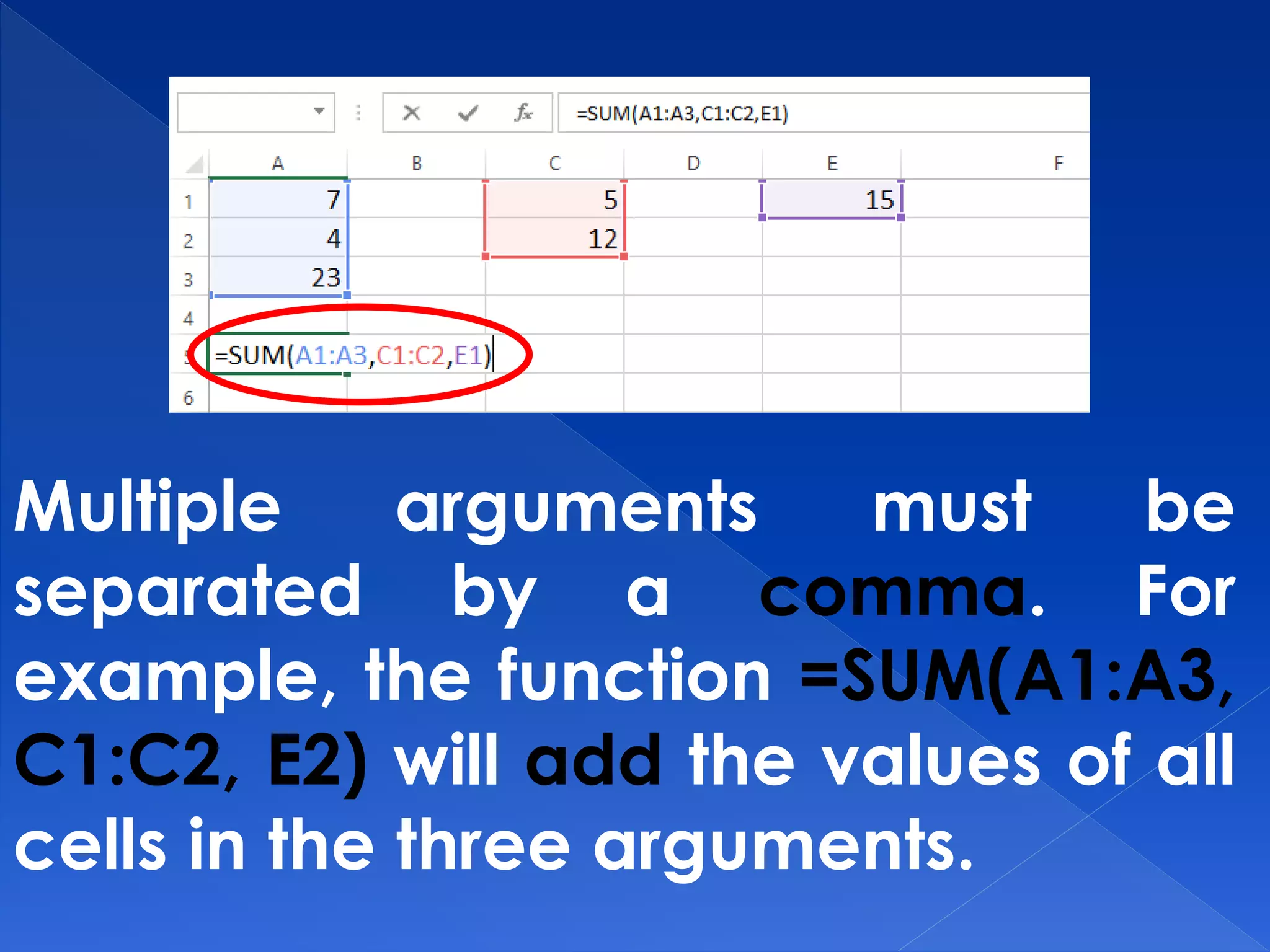 Multiple arguments must be
separated by a comma. For
example, the function =SUM(A1:A3,
C1:C2, E2) will add the values of all
cells in the three arguments.
 