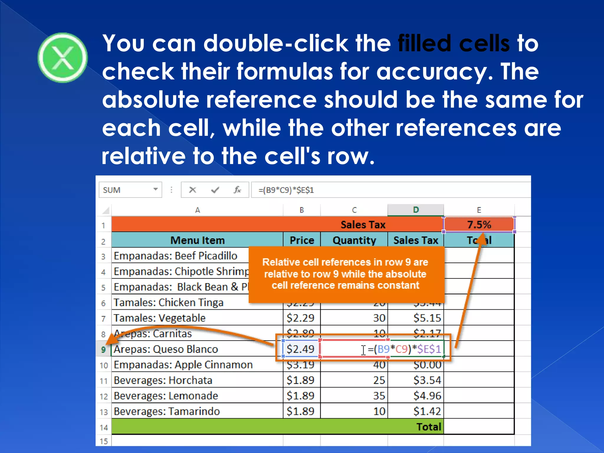 You can double-click the filled cells to
check their formulas for accuracy. The
absolute reference should be the same for
each cell, while the other references are
relative to the cell's row.
 