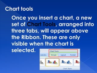 Chart tools
Once you insert a chart, a new
set of Chart Tools, arranged into
three tabs, will appear above
the Ribbon. These are only
visible when the chart is
selected.
 