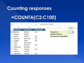 Counting responses
=COUNTA(C2:C100)
 