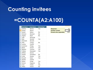Counting invitees
=COUNTA(A2:A100)
 