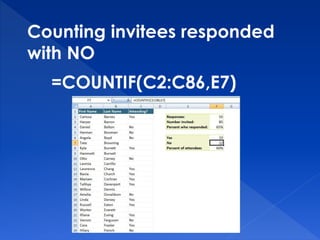 Counting invitees responded
with NO
=COUNTIF(C2:C86,E7)
 