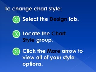 To change chart style:
Select the Design tab.
Locate the Chart
Style group.
Click the More arrow to
view all of your style
options.
 