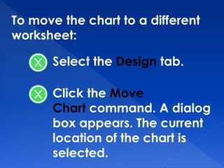 To move the chart to a different
worksheet:
Select the Design tab.
Click the Move
Chart command. A dialog
box appears. The current
location of the chart is
selected.
 