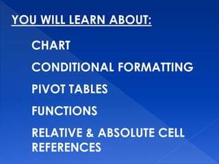 YOU WILL LEARN ABOUT:
CHART
CONDITIONAL FORMATTING
PIVOT TABLES
FUNCTIONS
RELATIVE & ABSOLUTE CELL
REFERENCES
 