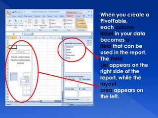 When you create a
PivotTable,
each column
label in your data
becomes a
field that can be
used in the report.
The Field
List appears on the
right side of the
report, while the
layout
area appears on
the left.
 