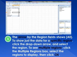 The arrow by the Region fields shows (All).
To show just the data for a specific region,
click the drop-down arrow, and select
the region. To see multiple regions, click
the Multiple Regions box, select the
regions to display, then click OK.
 