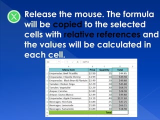 Release the mouse. The formula
will be copied to the selected
cells with relative references and
the values will be calculated in
each cell.
 