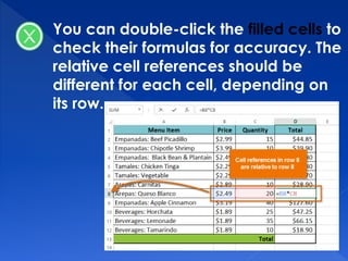 You can double-click the filled cells to
check their formulas for accuracy. The
relative cell references should be
different for each cell, depending on
its row.
 