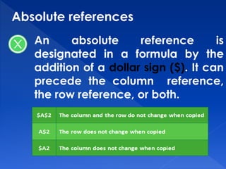 Absolute references
An absolute reference is
designated in a formula by the
addition of a dollar sign ($). It can
precede the column reference,
the row reference, or both.
 