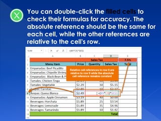You can double-click the filled cells to
check their formulas for accuracy. The
absolute reference should be the same for
each cell, while the other references are
relative to the cell's row.
 