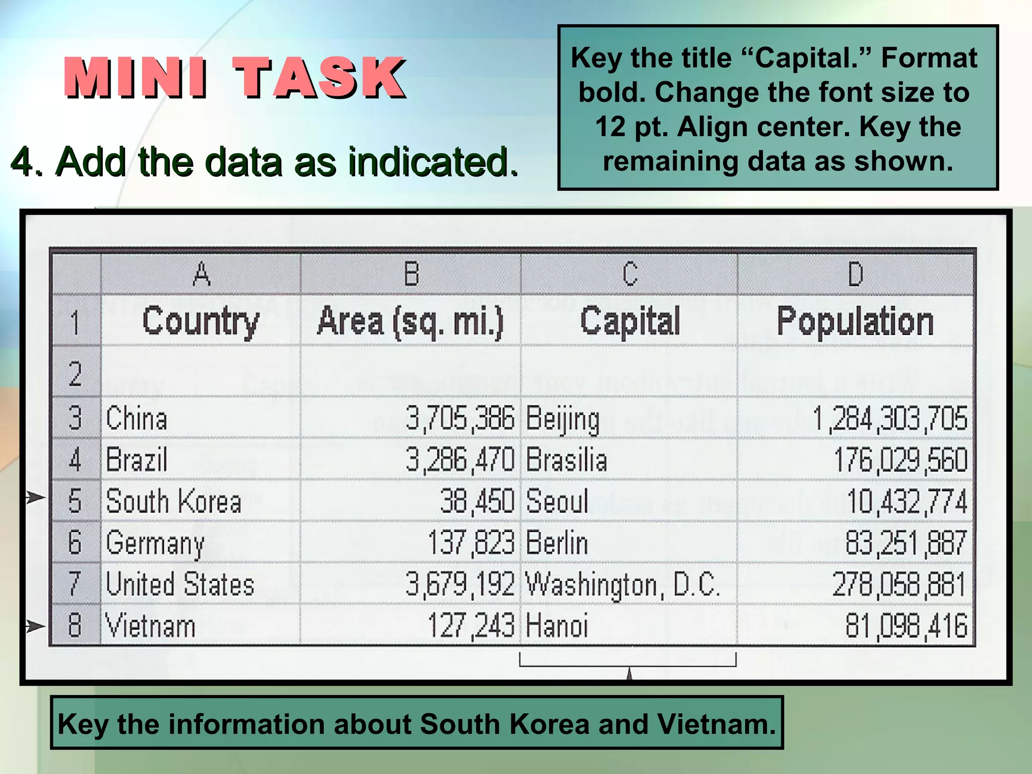 MINI TASK Key the title “Capital.” Format bold. Change the font size to 12 pt. Align center. Key the 4. Add the data as indicated. remaining data as shown. Key the information about South Korea and Vietnam. 