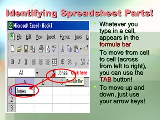 Identifying Spreadsheet Parts!
                  Whatever you
                   type in a cell,
                   appears in the
                   formula bar.
                  To move from cell
                   to cell (across
                   from left to right),
                   you can use the
                   TAB button!
                  To move up and
                   down, just use
                   your arrow keys!
 