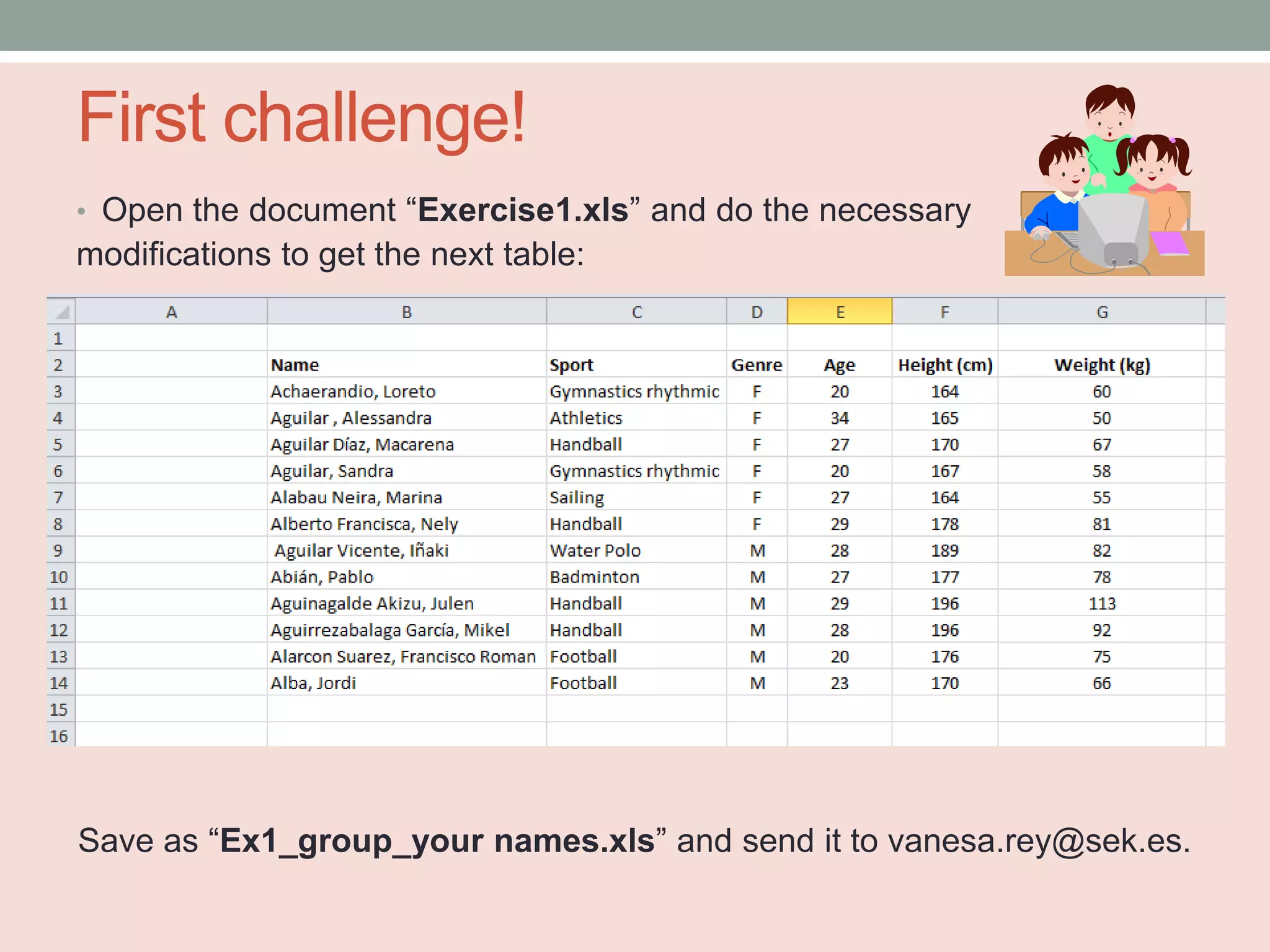 First challenge!
• Open the document “Exercise1.xls” and do the necessary
modifications to get the next table:




Save as “Ex1_group_your names.xls” and send it to vanesa.rey@sek.es.
 