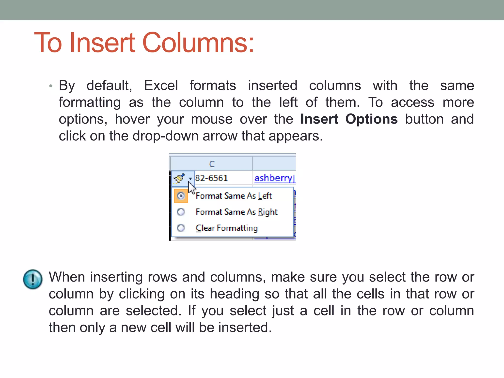 To Insert Columns:
 • By default, Excel formats inserted columns with the same
  formatting as the column to the left of them. To access more
  options, hover your mouse over the Insert Options button and
  click on the drop-down arrow that appears.




 When inserting rows and columns, make sure you select the row or
 column by clicking on its heading so that all the cells in that row or
 column are selected. If you select just a cell in the row or column
 then only a new cell will be inserted.
 