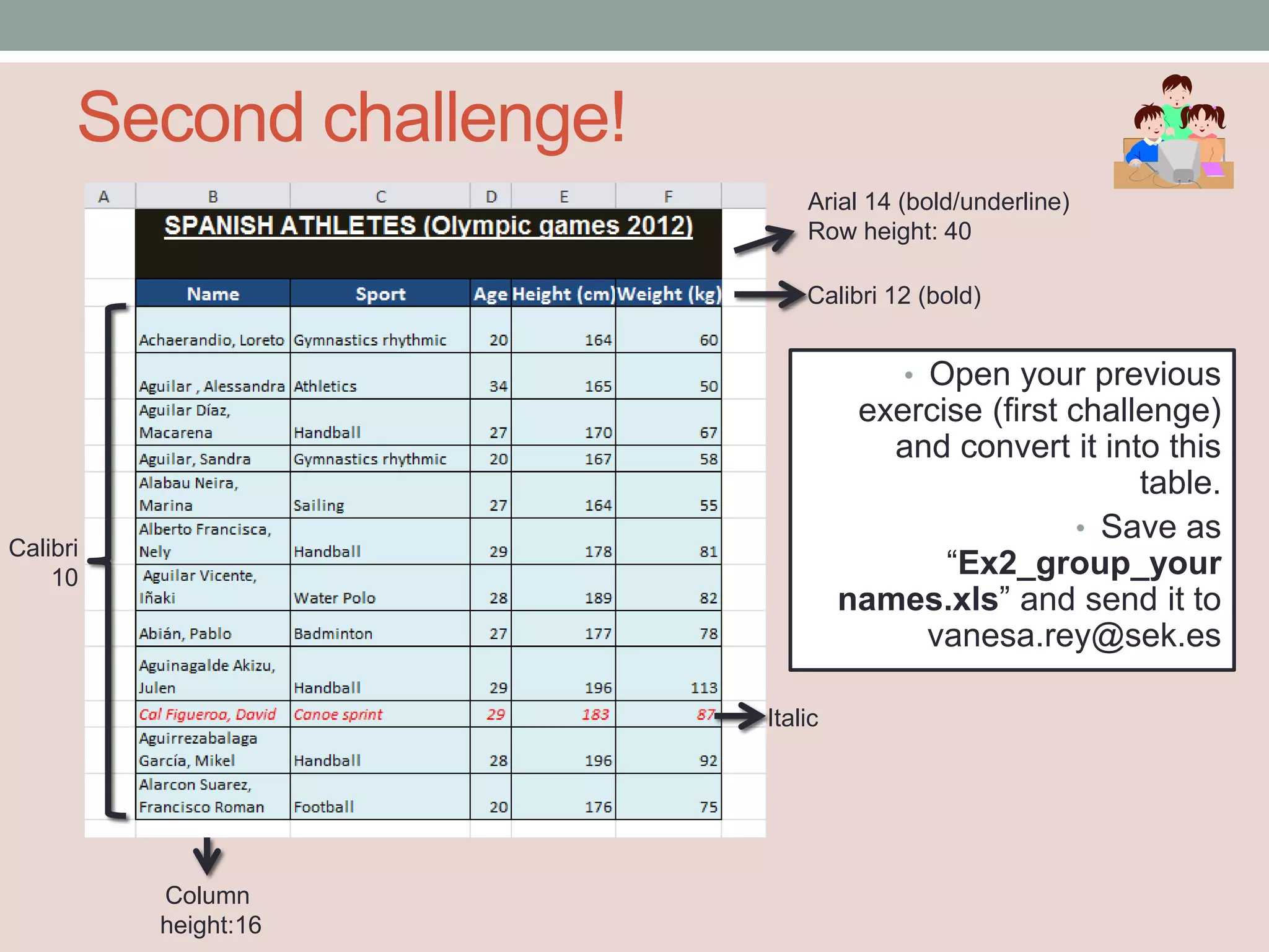 Second challenge!
                              Arial 14 (bold/underline)
                              Row height: 40

                              Calibri 12 (bold)


                                       • Open your previous
                                    exercise (first challenge)
                                      and convert it into this
                                                         table.
                                                     • Save as
Calibri
    10                                    “Ex2_group_your
                                   names.xls” and send it to
                                        vanesa.rey@sek.es

                          Italic




          Column
          height:16
 
