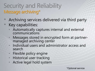 Exchange Online Architecture1: One way directory synchronization for resource access and provisioning Single Sign On experience across customer resources and hosted services9: Intra-site data replication for high availability8: Infrastructure redundancy and inter-site data replication for service continuity and disaster recovery2: Integration possibilities with customer legacy systems and applications (e.g. Public Folders, Calendaring, LOB applications)7: Optional off-site E-mail archiving services for compliance needsConfigurable archiving policies
