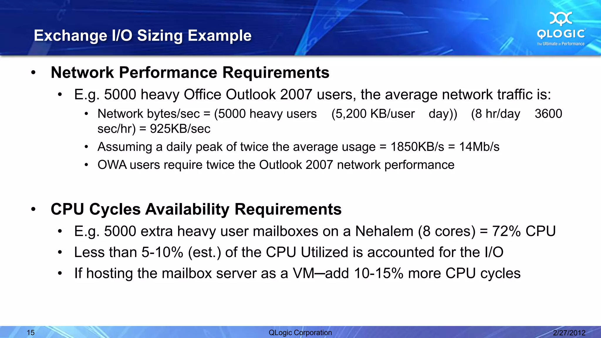 Exchange I/O Sizing Example

• Network Performance Requirements
     • E.g. 5000 heavy Office Outlook 2007 users, the average network traffic is:
         • Network bytes/sec = (5000 heavy users (5,200 KB/user day)) (8 hr/day   3600
           sec/hr) = 925KB/sec
         • Assuming a daily peak of twice the average usage = 1850KB/s = 14Mb/s
         • OWA users require twice the Outlook 2007 network performance


• CPU Cycles Availability Requirements
     • E.g. 5000 extra heavy user mailboxes on a Nehalem (8 cores) = 72% CPU
     • Less than 5-10% (est.) of the CPU Utilized is accounted for the I/O
     • If hosting the mailbox server as a VM─add 10-15% more CPU cycles


15                                    QLogic Corporation                            2/27/2012
 