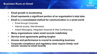Business Runs on Email


     •   Email growth is accelerating
     •   Email represents a significant portion of an organization’s total data
     •   Email is a consolidated method for communication in a wired world
          • Email through Corporate
          • Internet access, Web Browsers
          • Instant Messaging, Integrated Voicemail & Web Conferencing
     •   Many organizations retain email records indefinitely
     •   Service level agreements getting tougher
     •   Access and performance is crucial to conducting business
     •   Corporate compliance and regulatory laws require timely─and
         secure─access to email records
                                                Exchange environments must be
                                                 Predictable  Scalable  Flexible
 4                                       QLogic Corporation                          2/27/2012
 