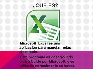 ¿QUE ES?




Microsoft Excel es una
aplicación para manejar hojas
de cálculo.
Este programa es desarrollado
y distribuido por Microsoft, y es
utilizado normalmente en tareas
 