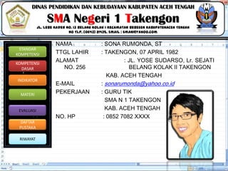 Click to edit Master title style
06/09/2013 17
STANDAR
KOMPETENSI
KOMPETENSI
DASAR
INDIKATOR
MATERI
EVALUASI
DAFTAR
PUSTAKA
RIWAYAT
DINAS PENDIDIKAN DAN KEBUDAYAAN KABUPATEN ACEH TENGAH
SMA Negeri 1 Takengon
Jl. Lebe Kader No. 13 Belang Kolak I Kecamatan Bebesen KabupatenAceh Tengah
No Tlp. (0643) 21435. Email : sman1@yahoo.com
NAMA : SONA RUMONDA, ST
TTGL LAHIR : TAKENGON, 07 APRIL 1982
ALAMAT : JL. YOSE SUDARSO, Lr. SEJATI
NO. 256 BELANG KOLAK II TAKENGON
KAB. ACEH TENGAH
E-MAIL : sonarumonda@yahoo.co.id
PEKERJAAN : GURU TIK
SMA N 1 TAKENGON
KAB. ACEH TENGAH
NO. HP : 0852 7082 XXXX
 