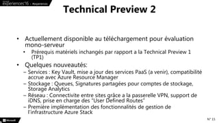 • Actuellement disponible au téléchargement pour évaluation
mono-serveur
• Prérequis matériels inchangés par rapport a la Technical Preview 1
(TP1)
• Quelques nouveautés:
– Services : Key Vault, mise a jour des services PaaS (a venir), compatibilité
accrue avec Azure Resource Manager
– Stockage : Queues, Signatures partagées pour comptes de stockage,
Storage Analytics
– Réseau : Connectivite entre sites grâce a la passerelle VPN, support de
iDNS, prise en charge des “User Defined Routes”
– Première implémentation des fonctionnalités de gestion de
l’infrastructure Azure Stack
Technical Preview 2
N° 15
 