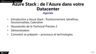 • Introduction a Azure Stack : Positionnement, bénéfices,
fonctionnalités, Calendrier
• Nouveautés de la Technical Preview 2
• Démonstration
• Comment se préparer – processus et technologies
Azure Stack : de l'Azure dans votre
Datacenter
Agenda
N° 3
 