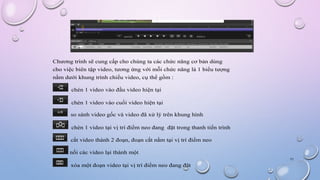 Chương trình sẽ cung cấp cho chúng ta các chức năng cơ bản dùng
cho việc biên tập video, tương ứng với mỗi chức năng là 1 biểu tượng
nằm dưới khung trình chiếu video, cụ thể gồm :
chèn 1 video vào đầu video hiện tại
chèn 1 video vào cuối video hiện tại
so sánh video gốc và video đã xử lý trên khung hình
chèn 1 video tại vị trí điểm neo đang đặt trong thanh tiến trình
cắt video thành 2 đoạn, đoạn cắt nằm tại vị trí điểm neo
nối các video lại thành một
xóa một đoạn video tại vị trí điểm neo đang đặt
11
 