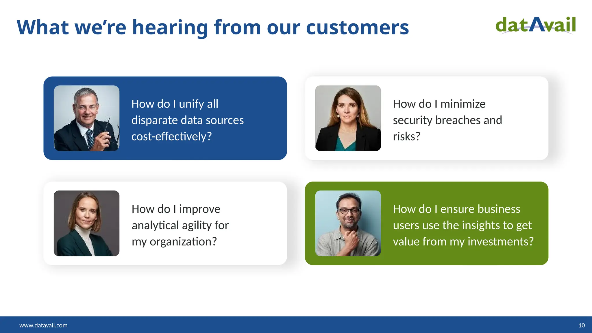 www.datavail.com 10
What we’re hearing from our customers
How do I unify all
disparate data sources
cost-effectively?
How do I minimize
security breaches and
risks?
How do I improve
analytical agility for
my organization?
How do I ensure business
users use the insights to get
value from my investments?
 