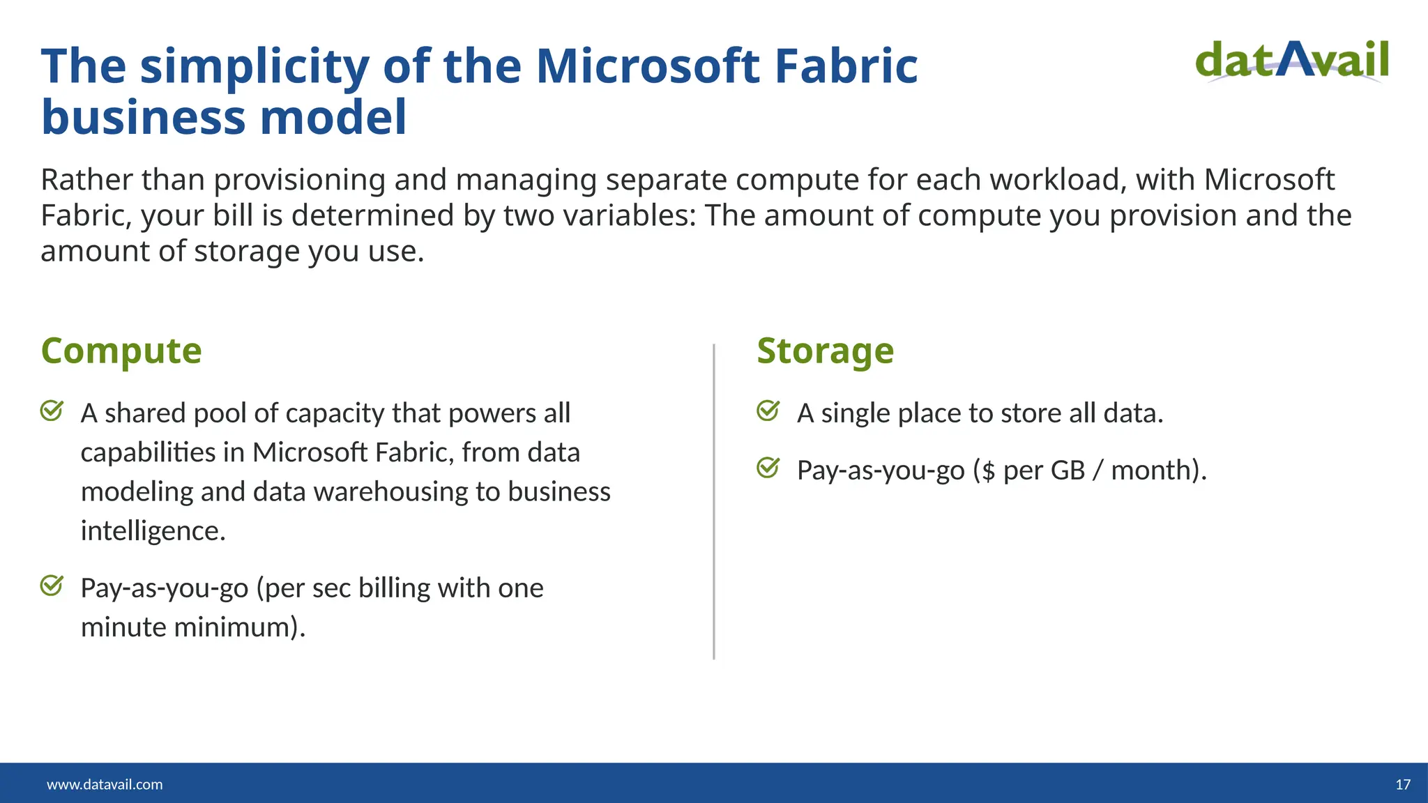 www.datavail.com 17
The simplicity of the Microsoft Fabric
business model
Rather than provisioning and managing separate compute for each workload, with Microsoft
Fabric, your bill is determined by two variables: The amount of compute you provision and the
amount of storage you use.
Compute
A shared pool of capacity that powers all
capabilities in Microsoft Fabric, from data
modeling and data warehousing to business
intelligence.
Pay-as-you-go (per sec billing with one
minute minimum).
Storage
A single place to store all data.
Pay-as-you-go ($ per GB / month).
 