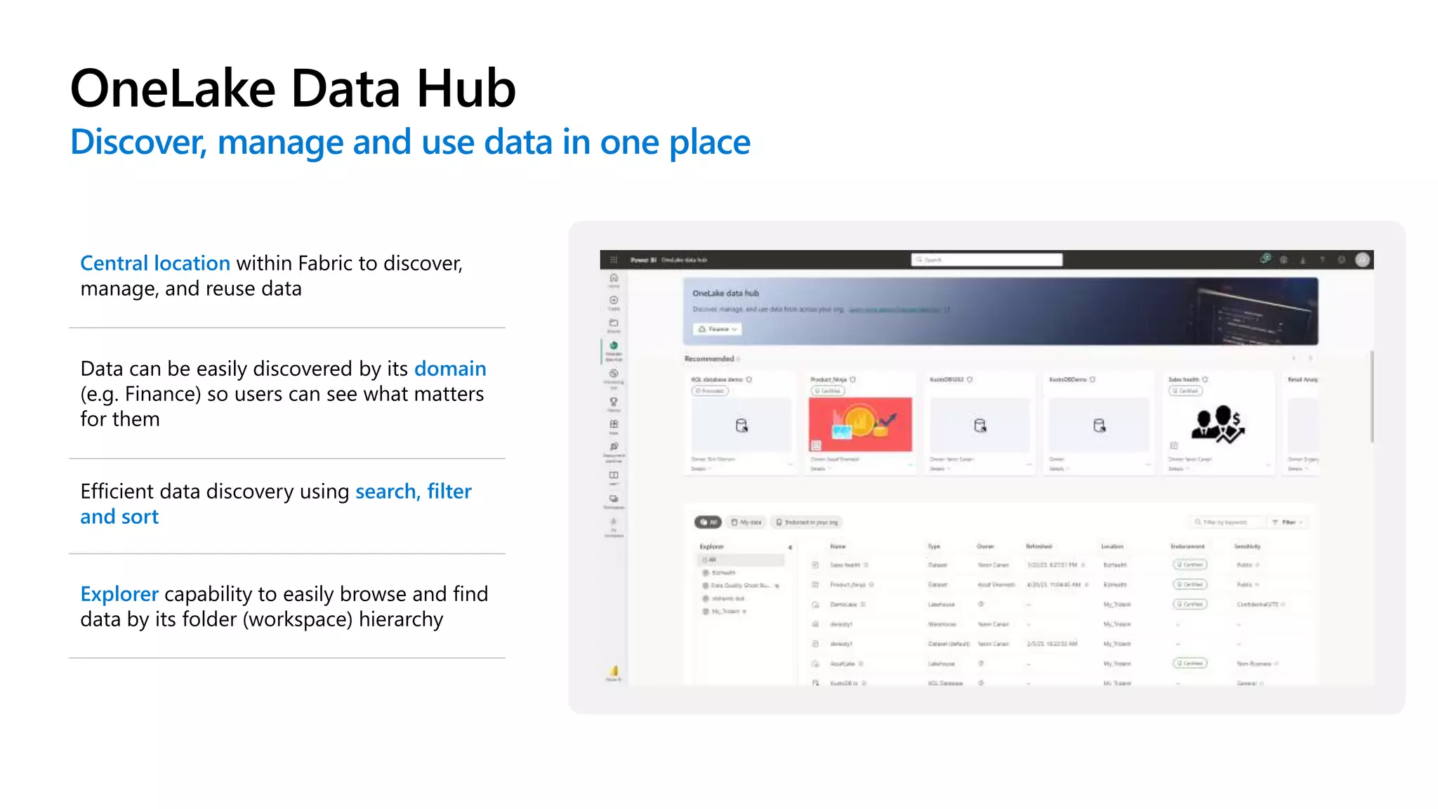 OneLake Data Hub
Discover, manage and use data in one place
Central location within Fabric to discover,
manage, and reuse data
Data can be easily discovered by its domain
(e.g. Finance) so users can see what matters
for them
Explorer capability to easily browse and find
data by its folder (workspace) hierarchy
Efficient data discovery using search, filter
and sort
 