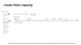 Once the capacity is created, we can see the capacity on the Admin portal- Capacity Settings pane under the "Fabric Capacity" tab
Create fabric capacity
 