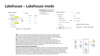 Lakehouse – Lakehouse mode
Table - This is a virtual view of the managed area in your lake. This is the main container to host
tables of all types (CSV, Parquet, Delta, Managed tables and External tables). All tables, whether
automatically or explicitly created, will show up as a table under the managed area of the Lakehouse.
This area can also include any types of files or folder/subfolder organizations.
Files - This is a virtual view of the unmanaged area in your lake. It can contain any files and
folders/subfolder’s structure. The main distinction between the managed area and the unmanaged
area is the automatic delta table detection process which runs over any folders created in the
managed area. Any delta format files (parquet + transaction log) will be automatically registered as a
table and will also be available from the serving layer (TSQL)
Automatic Table Discovery and Registration
Lakehouse Table Automatic discovery and registration is a feature of the lakehouse that provides a fully managed
file to table experience for data engineers and data scientists. Users can drop a file into the managed area of the
lakehouse and the file will be automatically validated for supported structured formats, which is currently only
Delta tables, and registered into the metastore with the necessary metadata such as column names, formats,
compression and more. Users can then reference the file as a table and use SparkSQL syntax to interact with the
data.
 