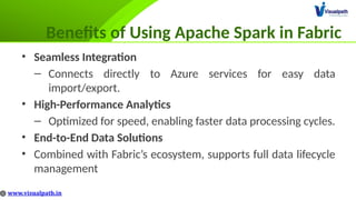 Benefits of Using Apache Spark in Fabric
• Seamless Integration
– Connects directly to Azure services for easy data
import/export.
• High-Performance Analytics
– Optimized for speed, enabling faster data processing cycles.
• End-to-End Data Solutions
• Combined with Fabric’s ecosystem, supports full data lifecycle
management
 