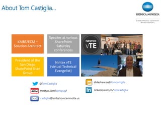 About Tom Castiglia…
KMBS/ECM –
Solution Architect
Speaker at various
SharePoint
Saturday
conferences
President of the
San Diego
SharePoint User
Group
Nintex vTE
(virtual Technical
Evangelist)
@TomCastiglia
linkedin.com/in/tomcastiglia
slideshare.net/tomcastiglia
tcastiglia@kmbs.konicaminolta.us
meetup.com/sanspug/
 
