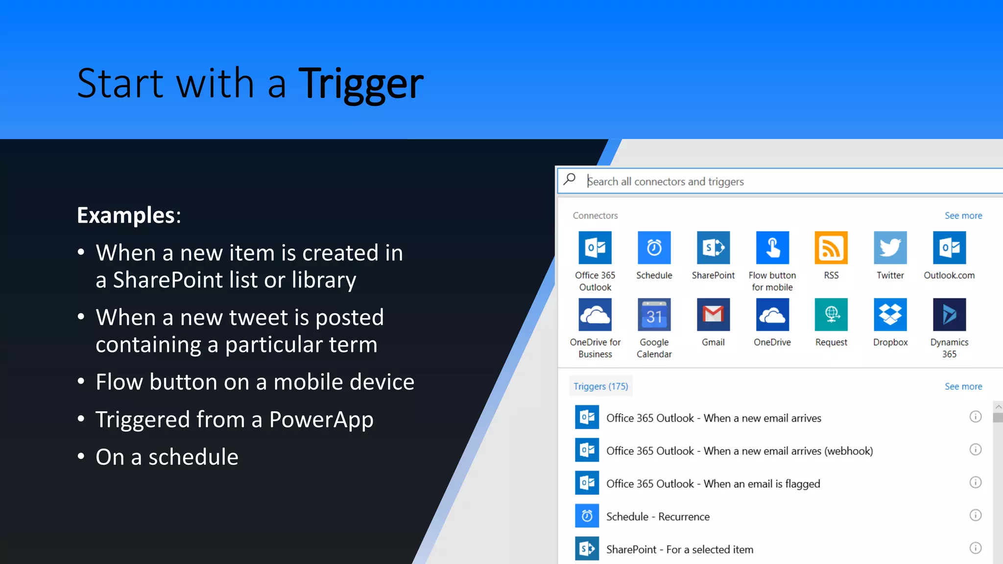 Start with a Trigger
Examples:
• When a new item is created in
a SharePoint list or library
• When a new tweet is posted
containing a particular term
• Flow button on a mobile device
• Triggered from a PowerApp
• On a schedule
 