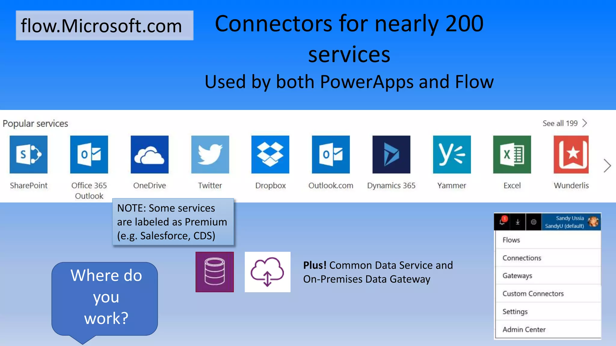 Plus! Common Data Service and
On-Premises Data Gateway
Connectors for nearly 200
services
Used by both PowerApps and Flow
flow.Microsoft.com
NOTE: Some services
are labeled as Premium
(e.g. Salesforce, CDS)
Where do
you
work?
 