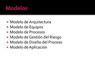    Modelo de Arquitectura
   Modelo de Equipos
   Modelo de Procesos
   Modelo de Gestión del Riesgo
   Modelo de Diseño del Proceso
   Modelo de Aplicación
 
